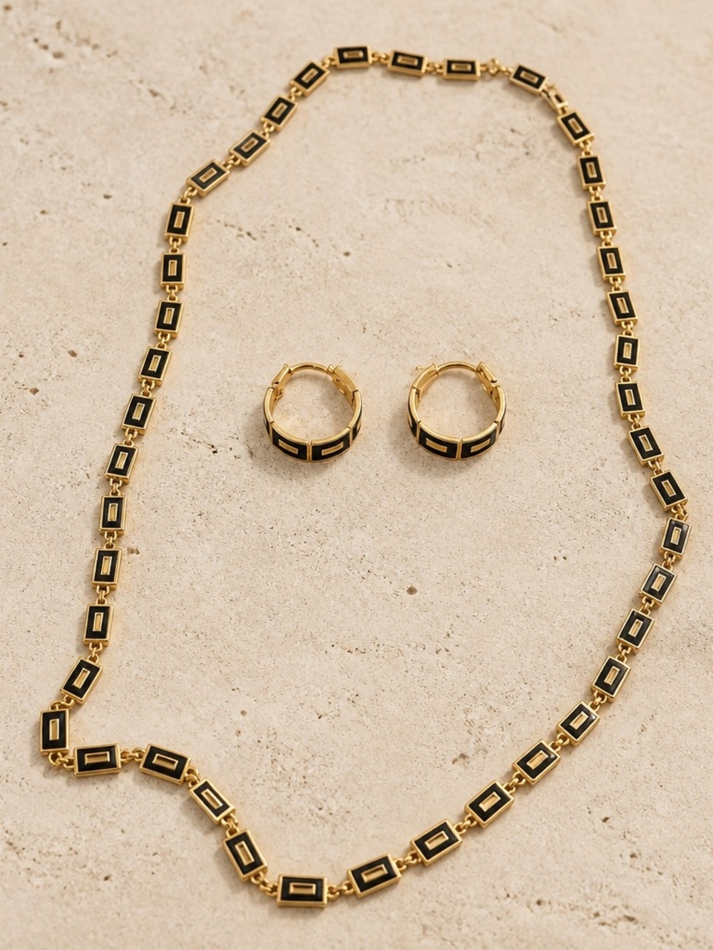 Gold Tone & Navy Blue Enamel Geometric Necklace + Hoop Earrings Set